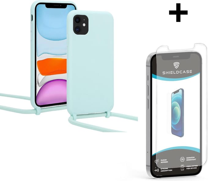 ShieldCase Hoesje met koord geschikt voor Apple iPhone 12 / 12 Pro - 6.1 inch - mint + glazen Screen Protector