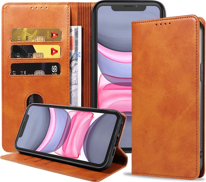 Smartphonica iPhone 11 leren hoesje met magnetische sluiting - Bruin geschikt voor iPhone 11