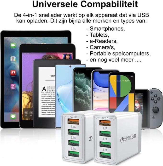 USB Lader 4 in 1 met snel laad poort - USB Snellader - USB Stekker - USB Oplader - WIT