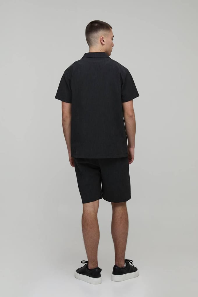 Regular Fit Seersucker Streep Overhemd & Shorts Set | Black | Size Medium