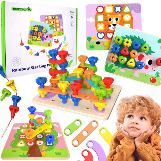 Tooky Toy multifunctionele bordset met gekleurde schroeven om vormen te leren - UNI