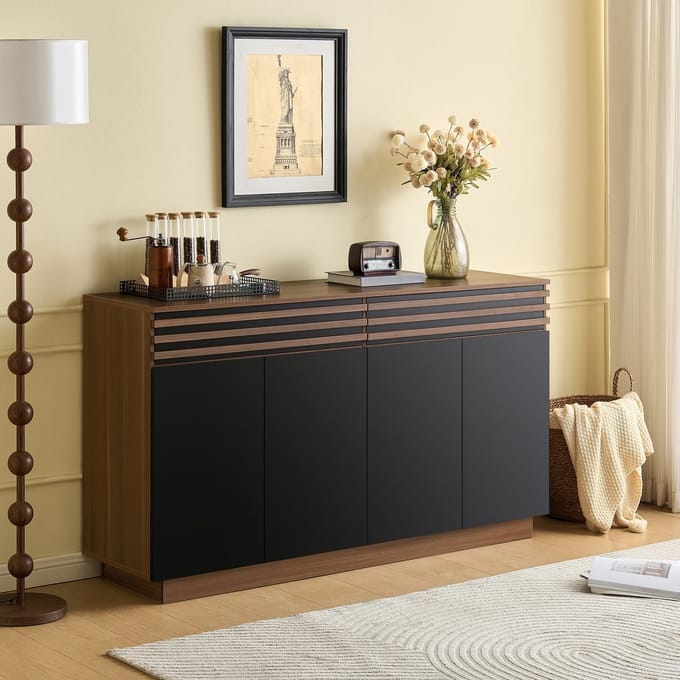 Sweiko Dressoir - 150 x 40 x 85 cm - Houteffect look - 2 laden - 4 deuren - Bruin + Zwart