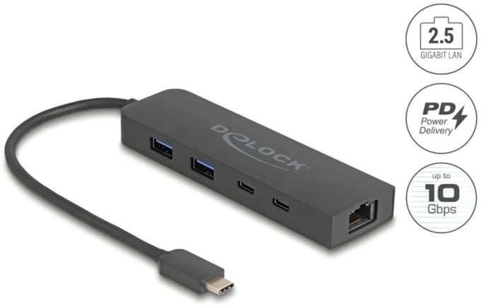 Delock 10 Gbps USB Hub with 2.5 Gigabit LAN port and PD 85 Watt