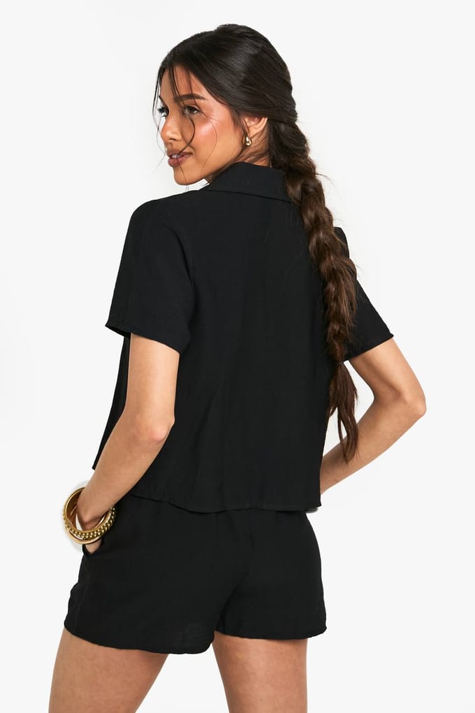 boohoo Dames Linnenlook crop shirt | Black | Maat: 8