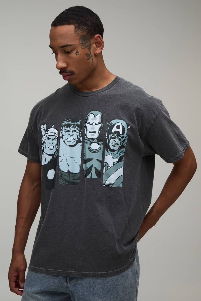 Oversized Gewassen Avengers Print T-shirt | Washed Charcoal | Size Medium