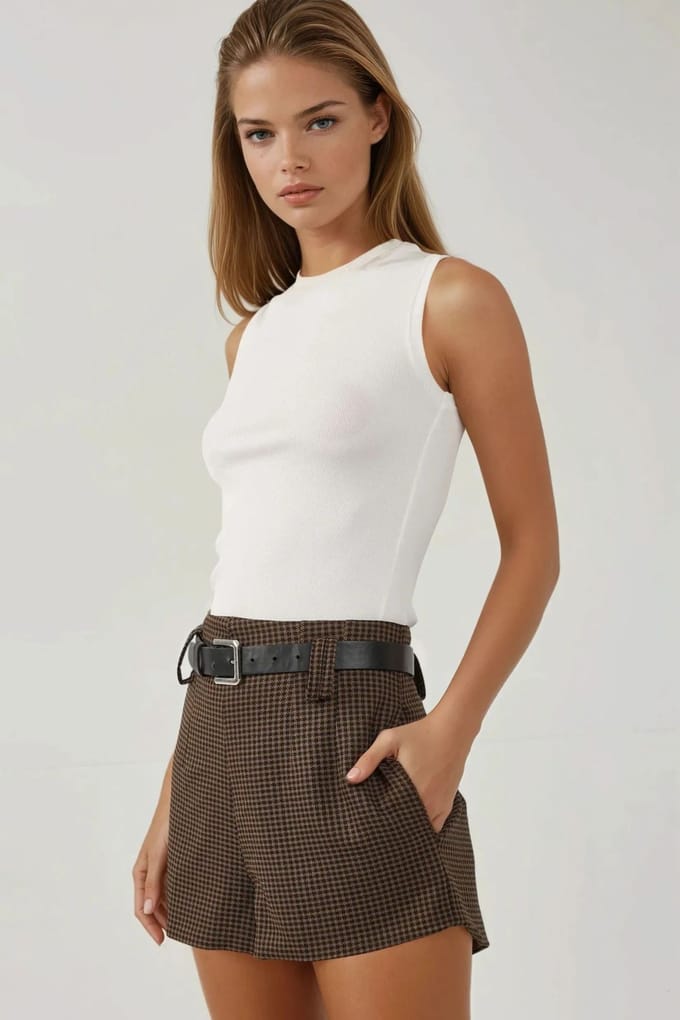 Hoge Taille Geruite Shorts