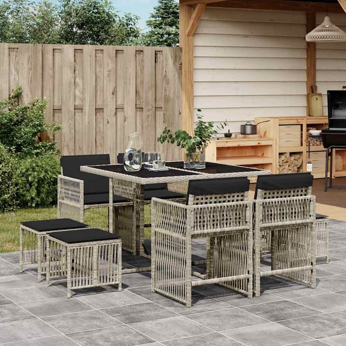 vidaXL - 9-delige - Tuinset - met - kussens - poly - rattan - lichtgrijs