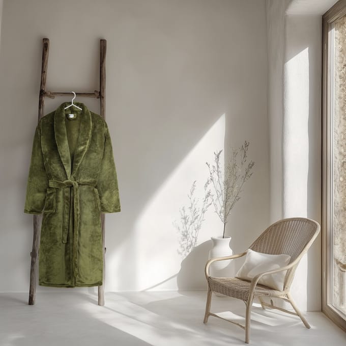 Good Morning badjas effen kleur - M/L - Olijfgroen - 100% Polyester flanel