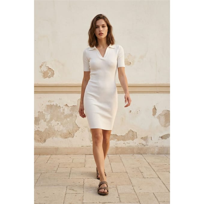 Geribbelde Polo Kraag Midi Jurk
