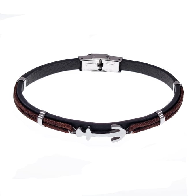 Zwarte/Bruin Armband Heren met Anker - Leren - RVS Zilverkleur