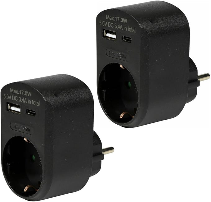 Benson Stopcontact met USB-A en USB-C - 2x stuks - zwart - modern en efficiënt - 16A - 5,0V DC - 3,4A