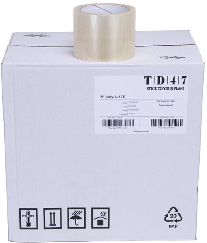 TD47 Verpakkingstape PP low noise 75mm x 66m Transparant (Doos 24 Rol)