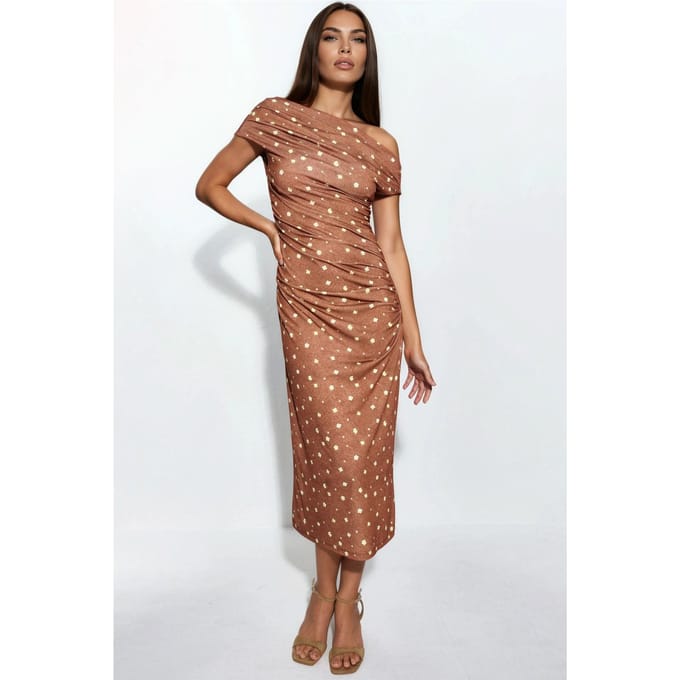 Asymmetrische Halsbloem midi-jurk