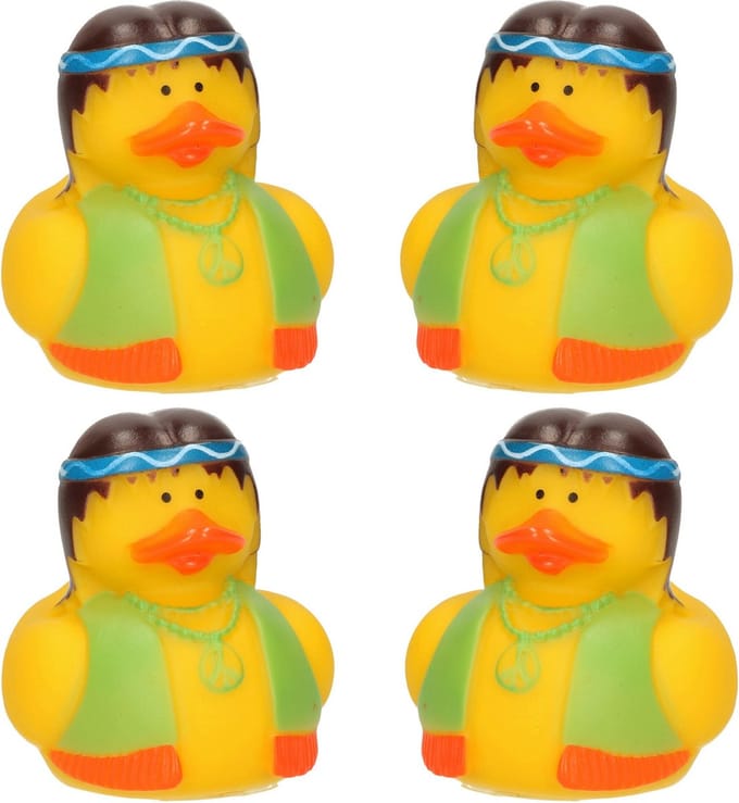 Badeendjes - Flower Power - 4 stuks - hippie - geel - groen vestje - 5 cm