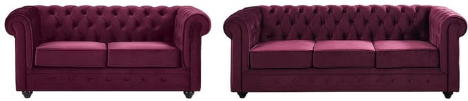 Vente-unique Drie- en tweezitsbank van purper velours CHESTERFIELD