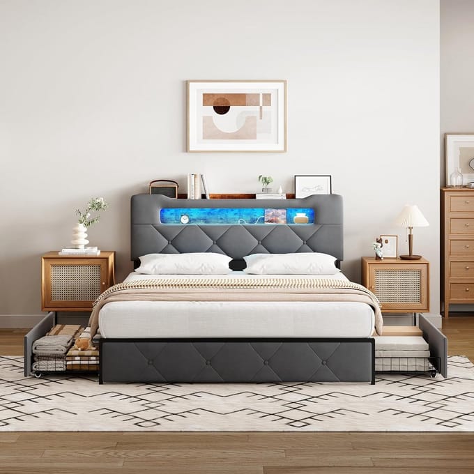 Tweepersoonsbed met Lades en LED Verlichting, 160x200 cm Gestoffeerd Bedframe
