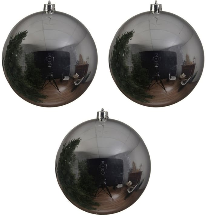 Decoris Kerstbal - 3x - zilver - groot - 20 cm - kunststof - glans - kerstversiering