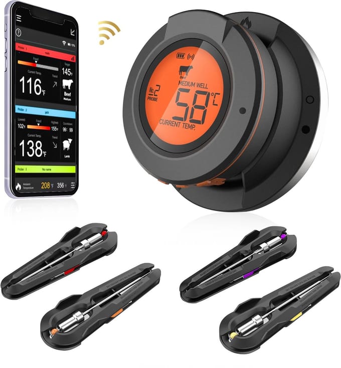 MostEssential AT-02 Vleesthermometer - Smart BBQ Thermometer - Oventhermometer - Inclusief Bluetooth, App & 4 Meetsondes