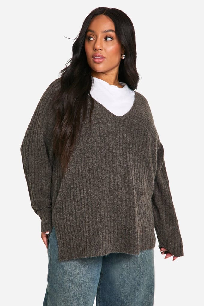 boohoo Dames Plus Mixed Rib Longline Jumper | Chocoladebruin | Maat: 44-46