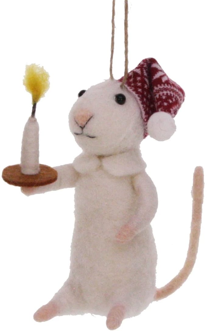 Muis met slaapmuts en kaars vilt 6x8x11cm