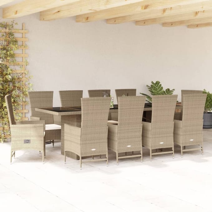 vidaXL - 11-delige - Tuinset - met - kussens - poly - rattan - beige