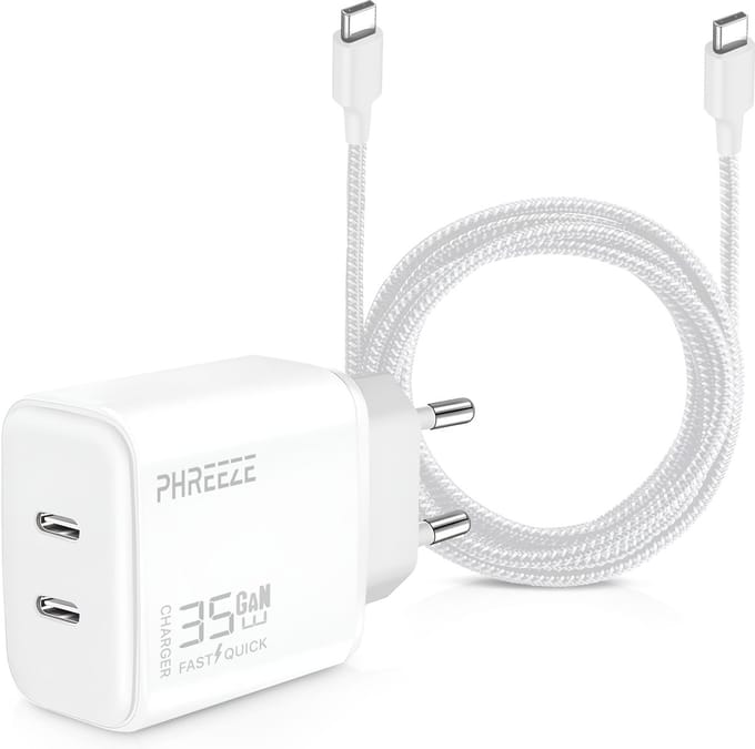 Usb C Kabel 3 Meter met 35w usb-C Oplader - 2 usbC Poorten - GaN Technologie Snellader
