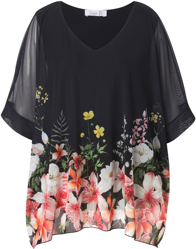 MIAMODA - Dames - Blouse oversized mesh randprint - Zwart - Maat 46+