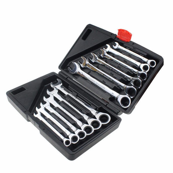 Ratelsleutelset, 12 stuks chroom-vanadiumstaal 8-19 mm flexibele kop en vaste kop, dubbel gebruik 12Pcs & Fixed head black