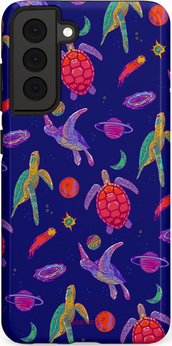 Casetastic hoesje geschikt voor Samsung Galaxy S21 FE 5G - Dubbellaagse bescherming - Kosmische schildpad - Fashion Case - Donkerblauw Lavendel