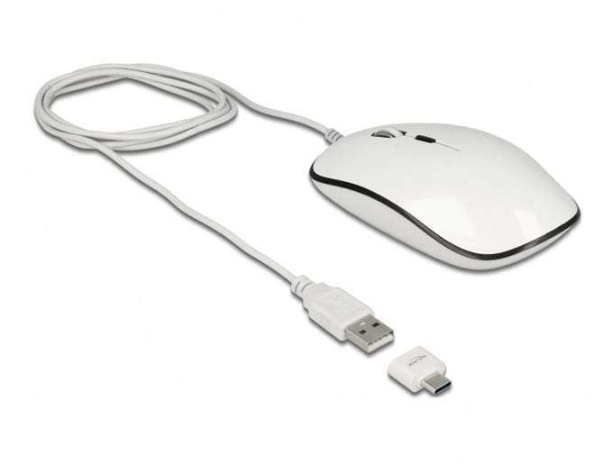 DeLOCK bedrade USB-A/USB-C muis met 4 knoppen - 1000-3200 DPI / wit - 1,5 meter