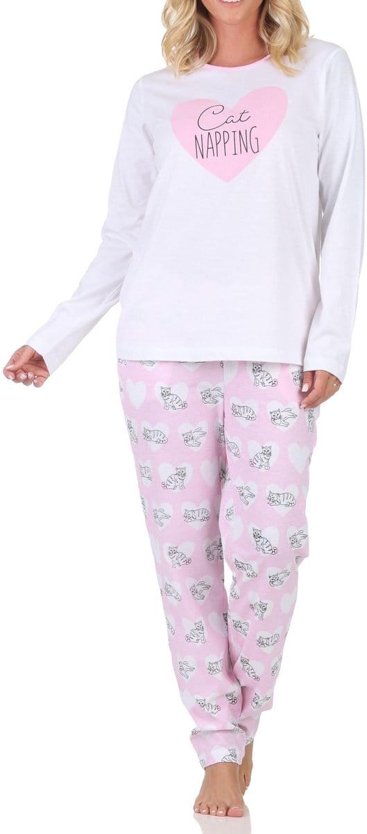 Normann dames pyjama met lange mouwen en hart- en kattenmotief