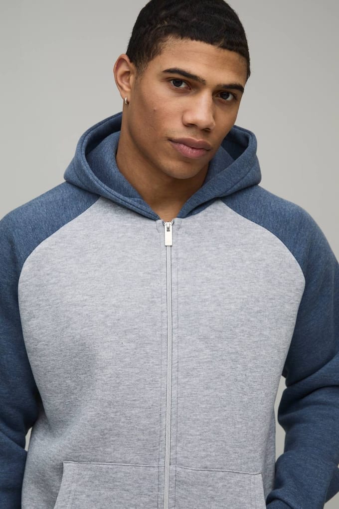 Regular Fit Raglan Sleeve Zip Through Hoodie | Grey Marl | Size Small