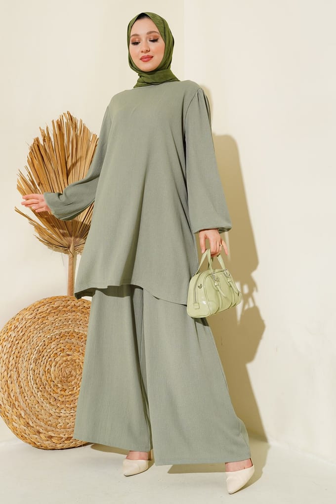 Getextureerde Langemouwen Tuniek en Wijdpantalon Set