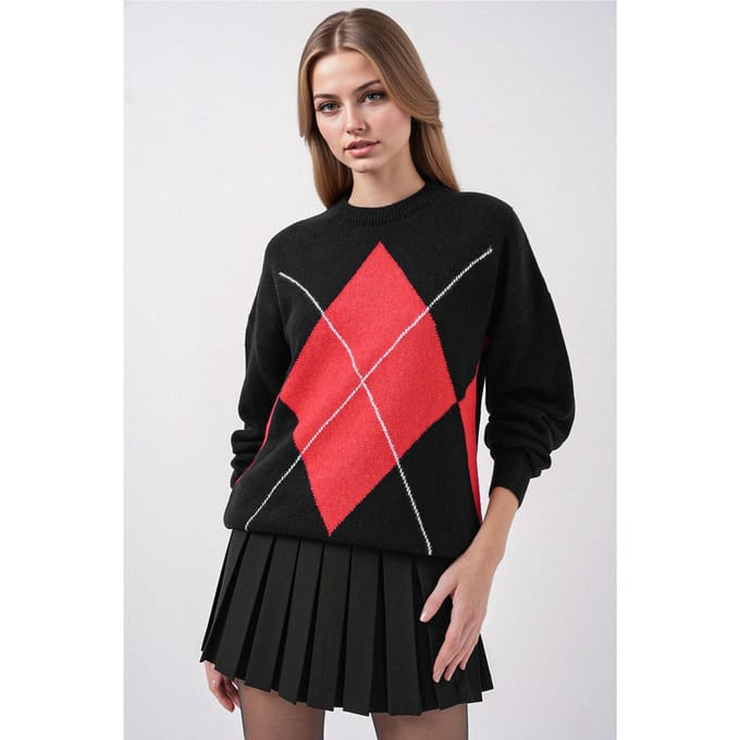 Oversized Ruiten Trui met Ronde Hals