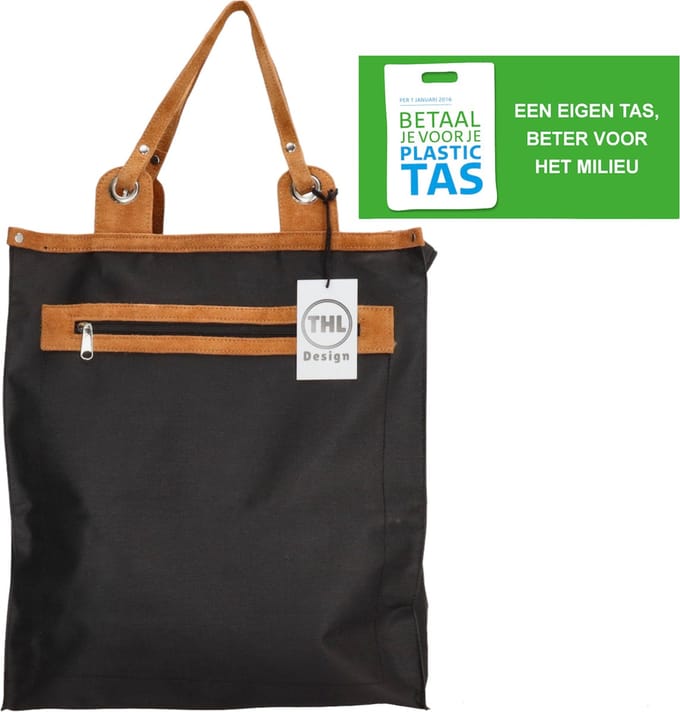 THL Design - Sterke Boodschappentas - Shopper - Leren Handvatten - Zwart