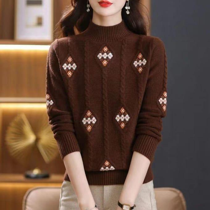 Pull d'hiver court épais pour femme, haut à col semi-haut One size café