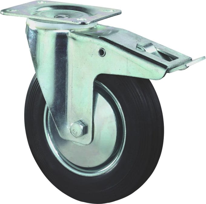 Zwenkwiel+rem 100mm rubber totale hoogte 128mm