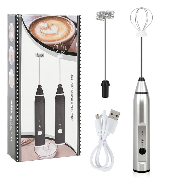 Elektrische Handheld Eierklopper Melkopschuimer Schuimmaker USB Oplaadbare Mixer met 2 Roestvrijstalen zilver
