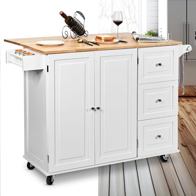 Keukeneiland - Verplaatsbaar - Keukenkast - Dressoir - Organizer - Kasten - RVS Werkblad - 2 Deuren - Wit