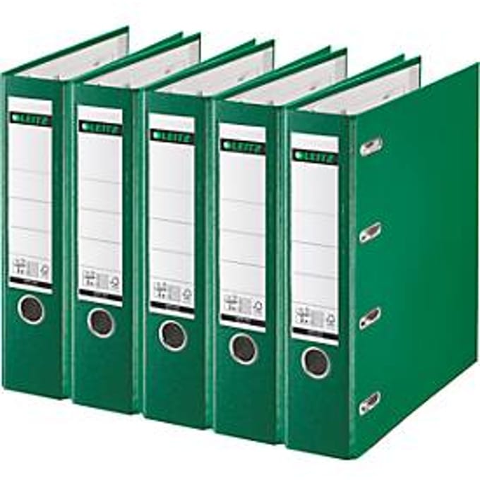 LEITZ® Dubbelmap 1012, 2 x A5, rugbreedte 75 mm, precisiehefboommechanisme, vak voor rugetiket, vingergat, polypropyleen, groen, 5 st.
