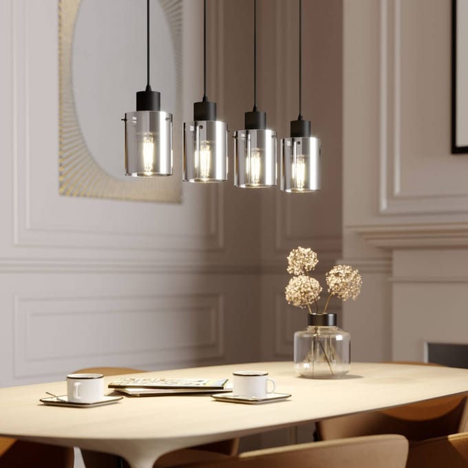 Lindby - hanglamp - 4lichts - Staal, glas - H: 18 cm - E27 - zwart, rookgrijs