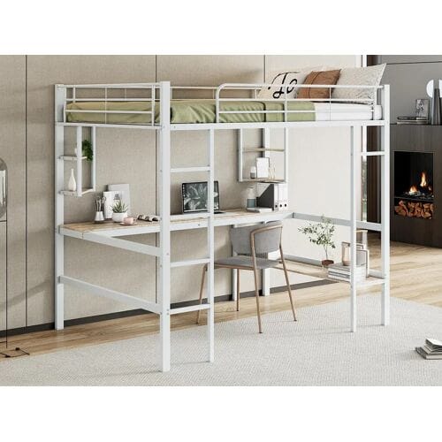 ModernLuxe IJzeren tussenbed - 140x200cm - met bureau en 5 planken - Wit