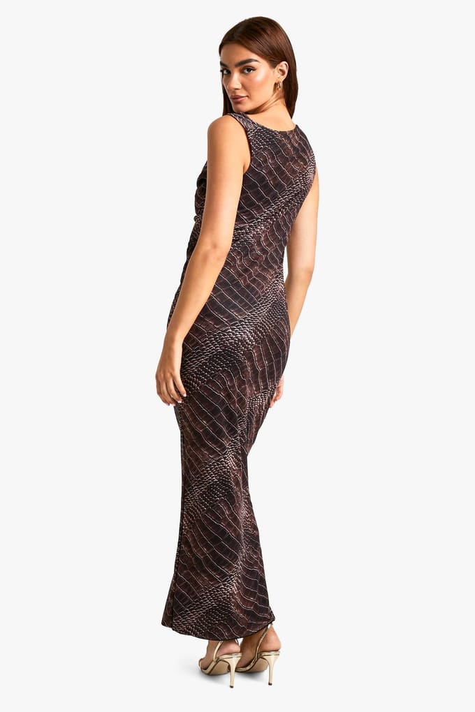 boohoo Dames Croc Print Cowl Mesh Slip Jurk | Brown | Maat: 8