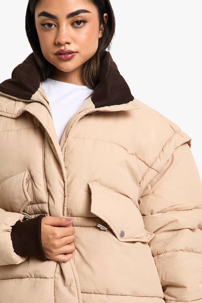 boohoo Dames Contrastkraag Oversized Pufferjas | Stone | Maat: 8