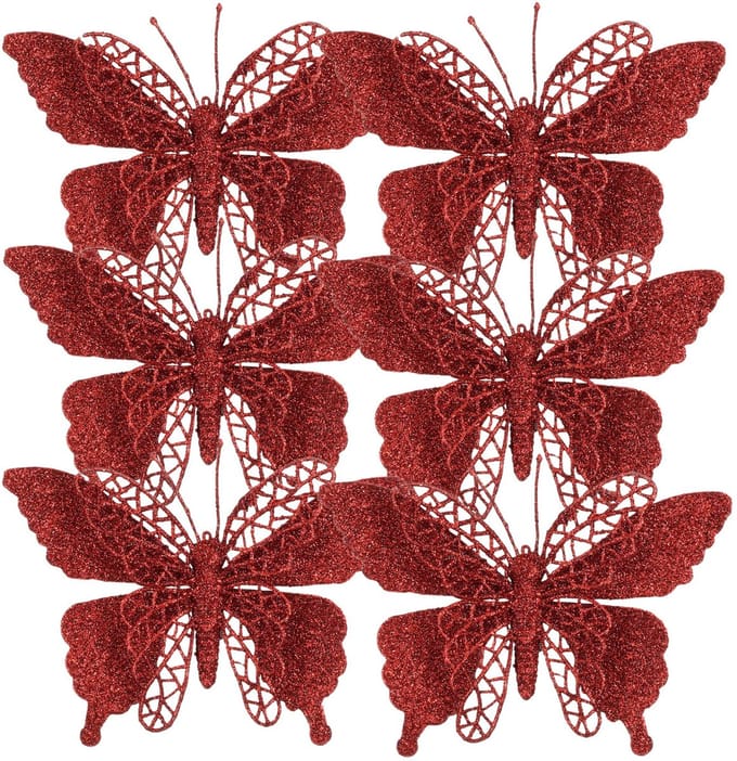 Kerstboomversiering Vlinder - 6x stuks - 16 cm - rood glitter - op clip