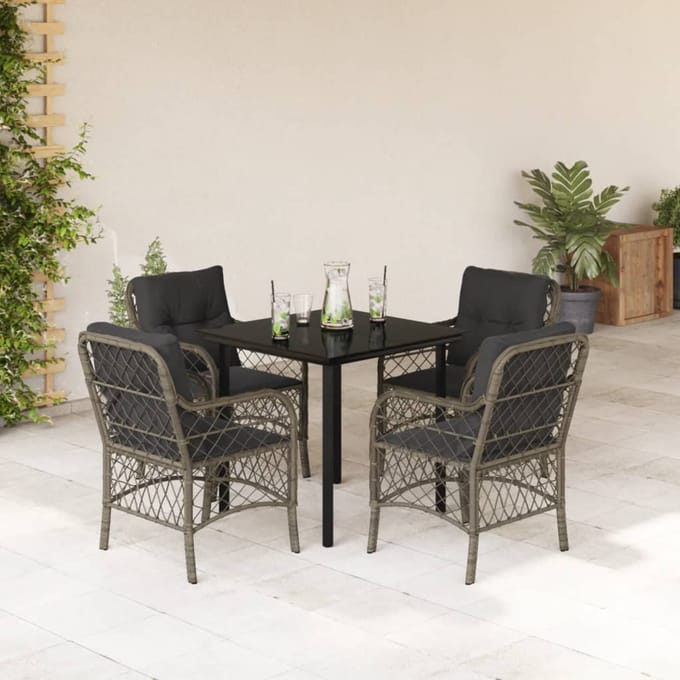 vidaXL - 5-delige - Tuinset - met - kussens - poly - rattan - grijs
