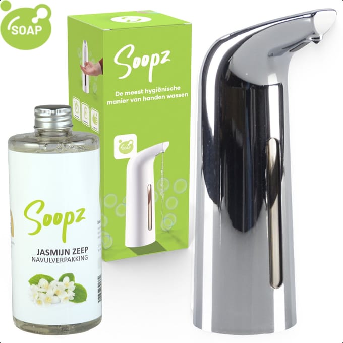Soopz Automatische Zeepdispenser – Zilver – Silver Shine Elegance – Zeeppompje met Bewegingssensor – Met Jasmijn Zeep