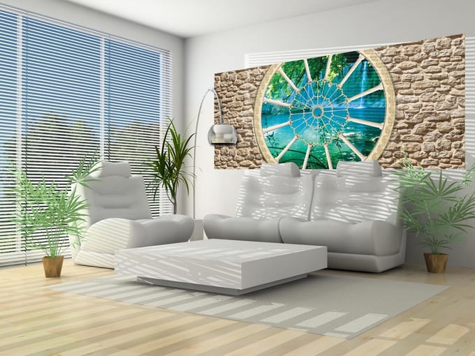 Stone Wall Tropical Waterfall Lake Photo Wallcovering
