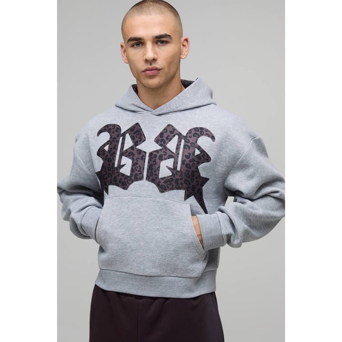 Oversized Shrunken Boxy Luipaardprint Applique Hoodie | Grey Marl | Size Medium