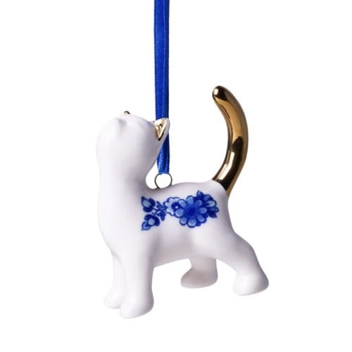 Heinen delfts blauw kerstornament - kat bedelen, 5 cm